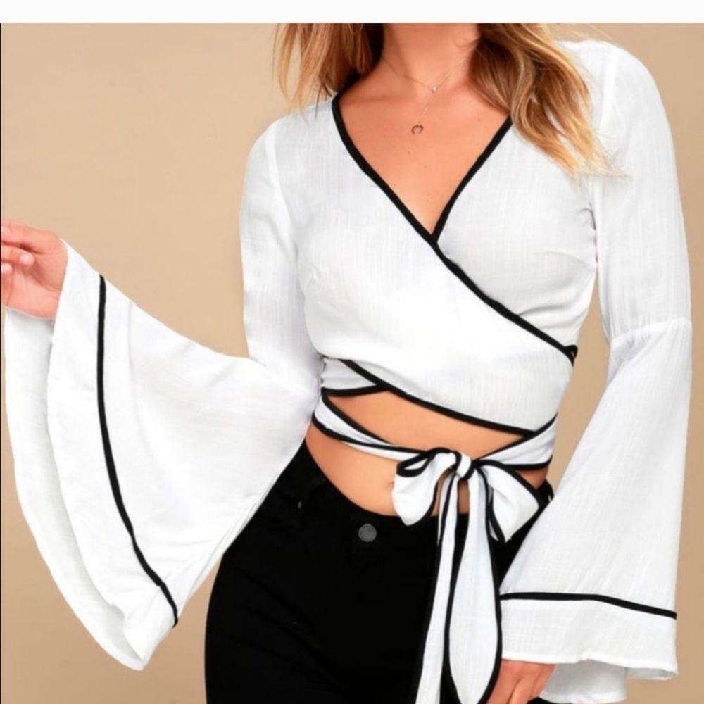 Lulu's Bell Sleeve Wrap Top In White / Black Trim